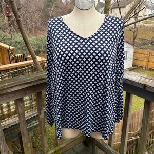 Como Blu Navy White Geometric Print Blouse Women’s Plus Size 2X